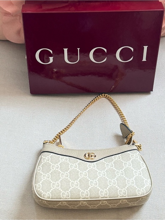 Gucci Handbags - Gucci Beige GG Canvas Shoulder Bag with Gold Chain